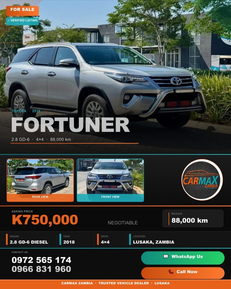 Finished Toyota Fortuner listing with price, specs and contact buttons